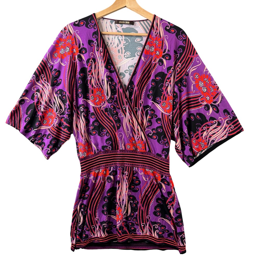 Roberto Cavalli Purple Psychedelic Floral Viscose Tunic Top Size IT 42 US M